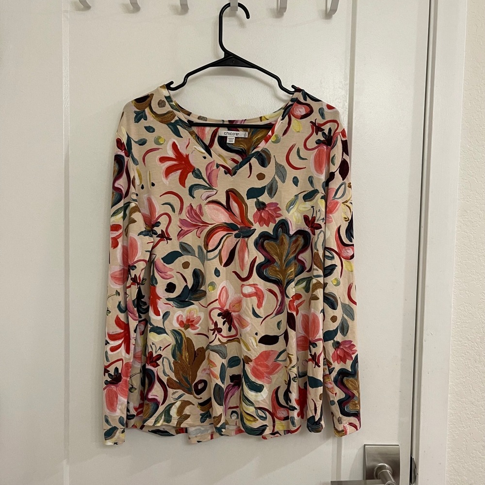 Chicos Floral Womens Long Sleeved T Shirt Whimsey V Neck Summer‎